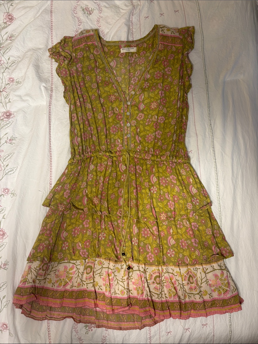 Spell Green and Pink Floral Tiered V-neck Dress